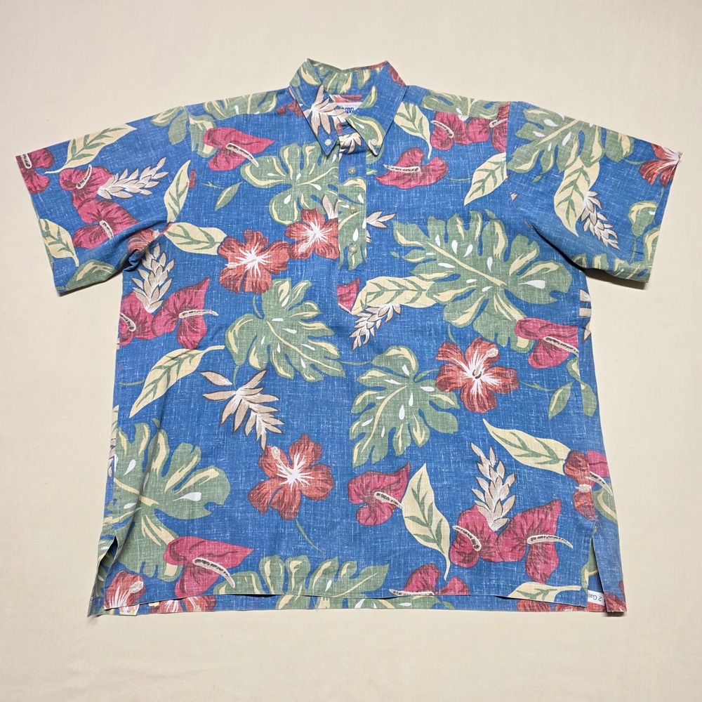 Reyn Spooner Hawaiian Shirt Men Medium Blue Floral Pullover ReversePrint Reg Fit